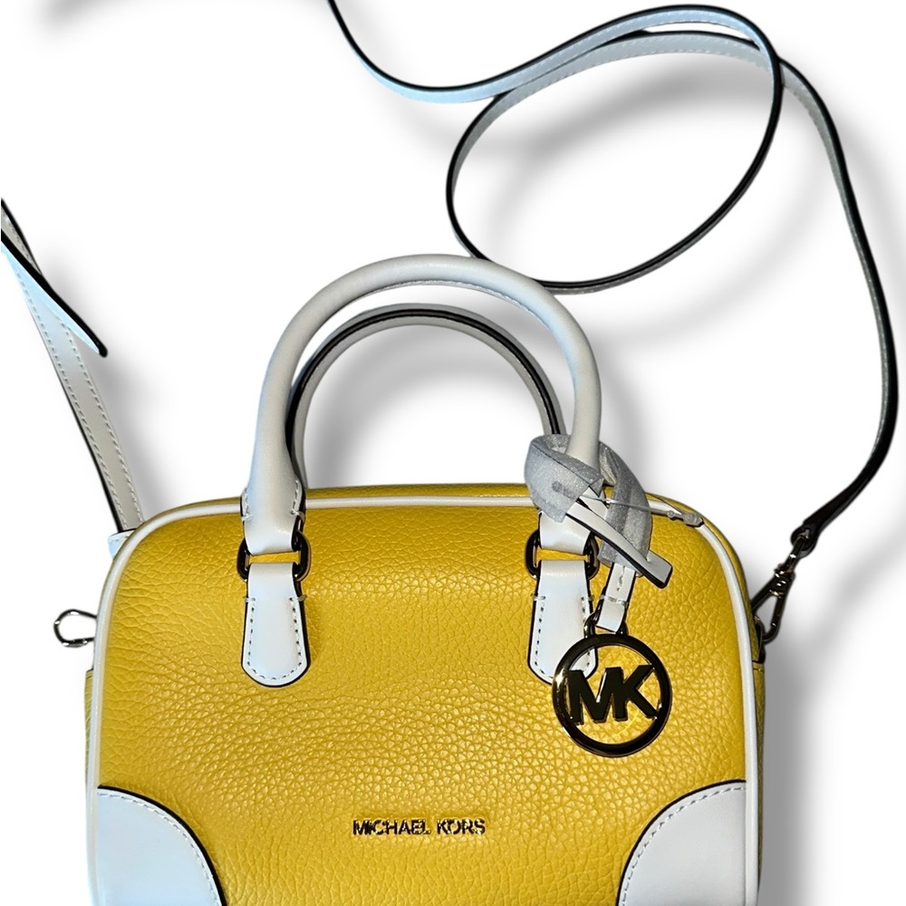Michael Kors NWT Thompson Extra-Small Pebbled Leather Satchel YELLOW WHITE